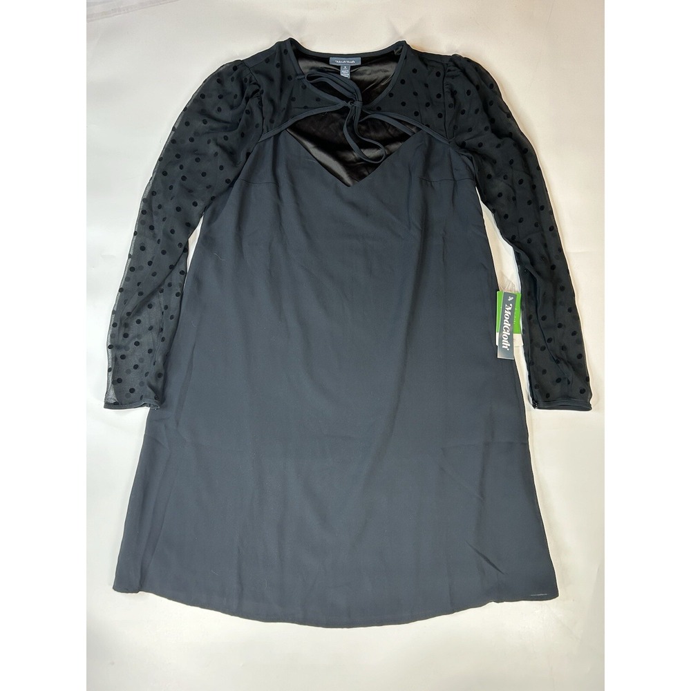 ModCloth Dress Womens Small Black Sheer Velvet Polka Dot Tie Front Shift Holiday